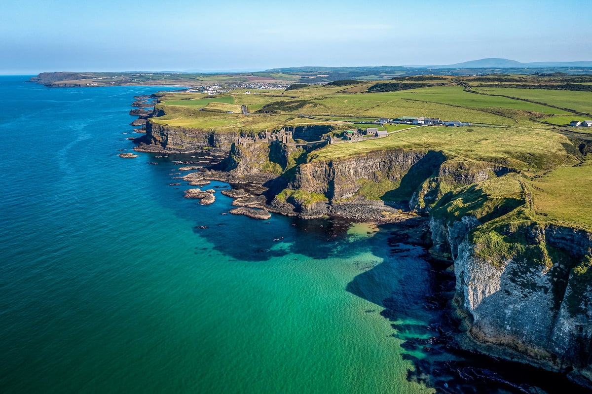 Aerial view over the stunning Irish coastline at Portrush
